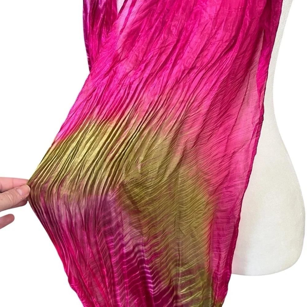 VTG Infinity Scarf Shawl Cowl Wrap Fuchsia Olive Green Silky Boho Colorful Chic